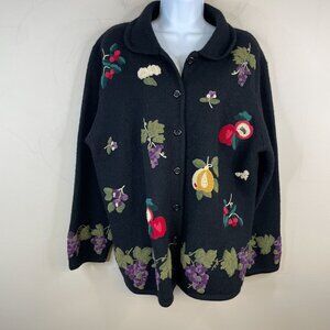 Claire Murray Vintage Women FRUIT Sweater Size M Black EMBROIDERED Wool Cardigan